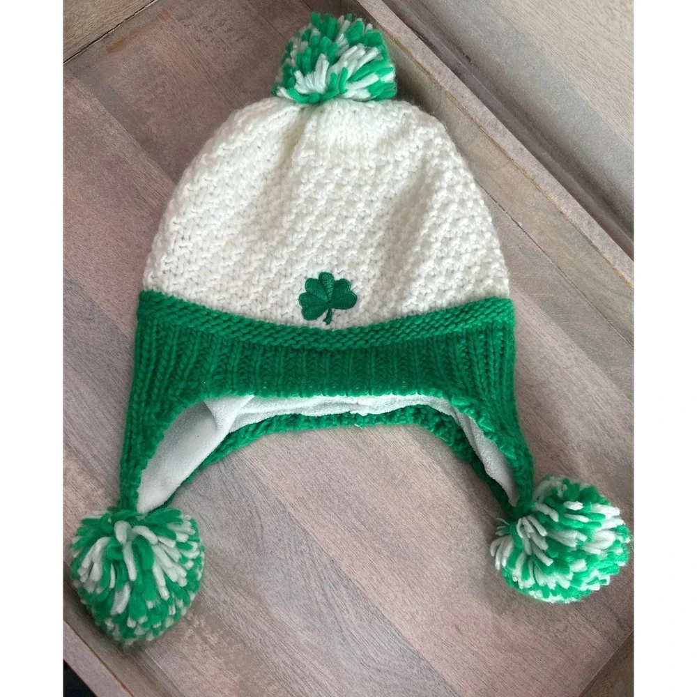 Bridgets of Erin Kids Shamrock Earflap Beanie Green White Fleece Lined Pom Hat